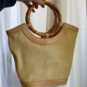 Tommy Bahama Straw Woven Tan and Tote Bag with Bamboo Handles
